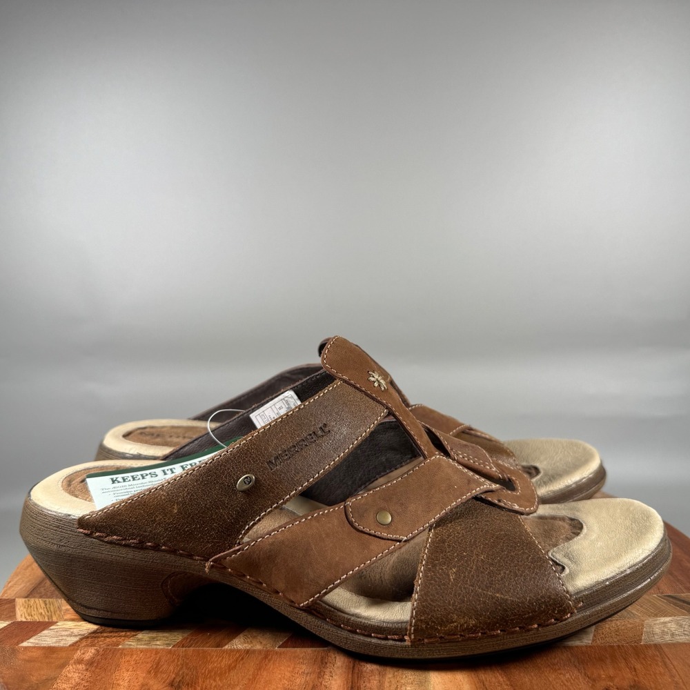 Merrell Luxe Slide Mink Brown Leather Sandals Womens 11 J89392 Low Block Heel